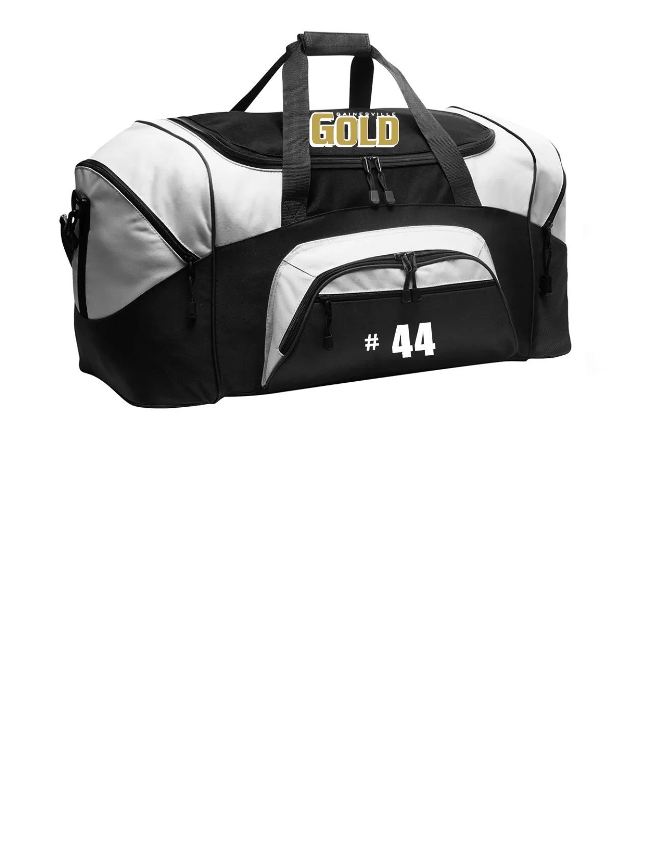 GAINESVILLE GOLD TEAM TRAVEL DUFFEL BLACK AND LIGHT GREY