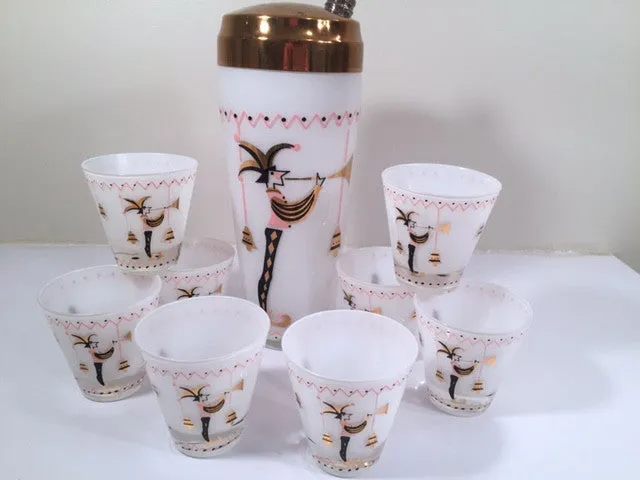 Gay Fad 1950s Court Jester Cocktail Shaker and 8 Single Old Fashioned Glasses Set