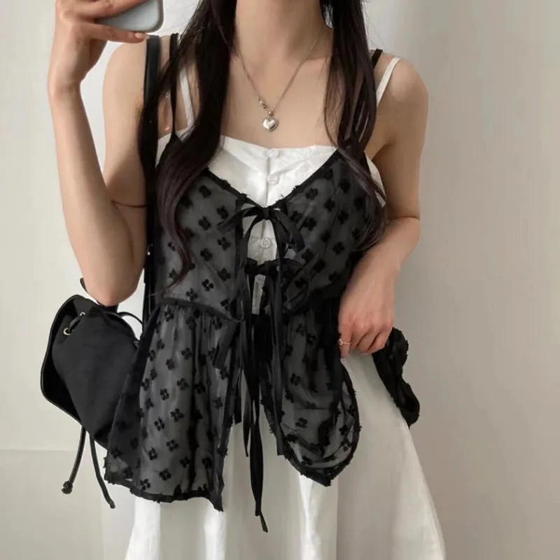 Girlary French Lace Sling Elegant Mesh Tops Women Summer Fashion Stacked Design Loose Gauze Tanks Korea Vintage Outwear Camis 2024 New