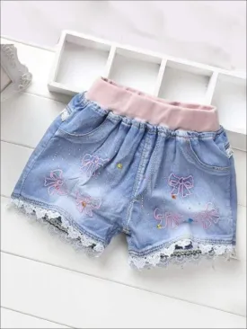 Girls Bedazzled Bows Embroidered Hem Denim Shorts