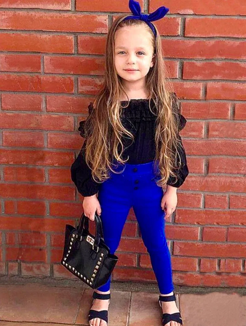 Girls Black Off The Shoulder Ruffled Top And Blue Pants Set