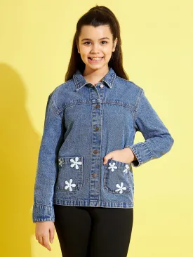 Girls Blue Flower Denim Jacket - Lyush Kids