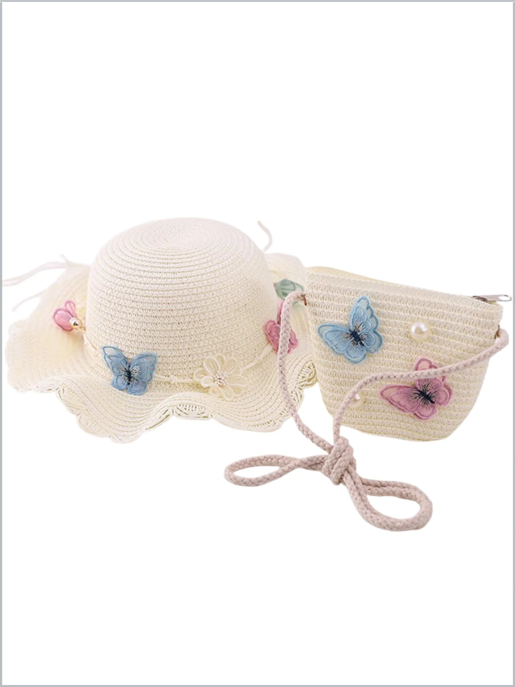 Girls Boho Butterfly Straw Hat and Purse Set