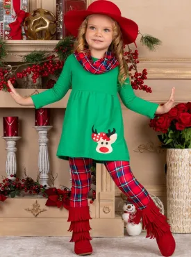 Girls Christmas Themed Green Long Sleeve Rudolph Applique Tunic and Red Plaid Leggings and Scarf Set