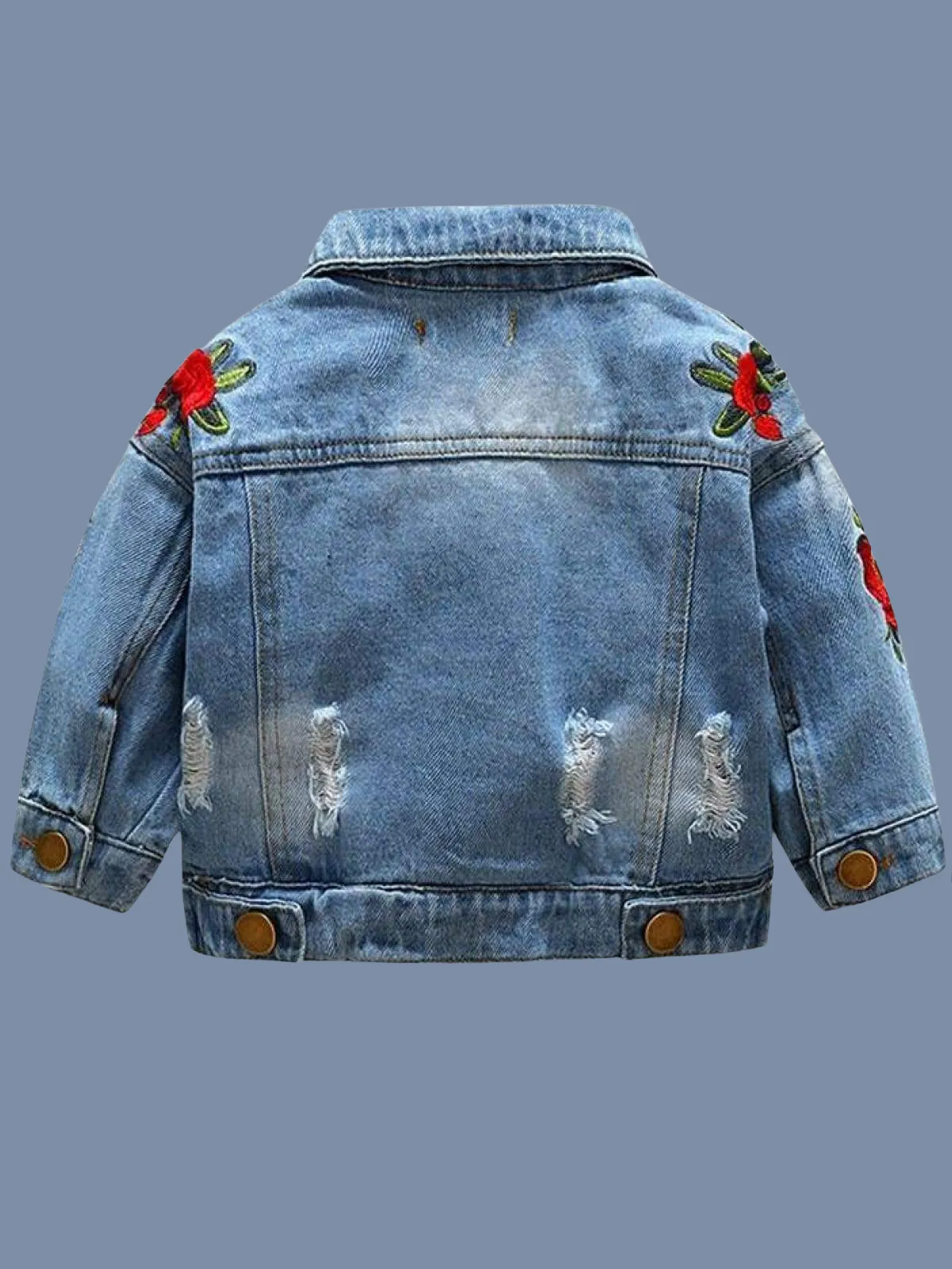 Girls Distressed Denim Jacket with Rose Embroidery