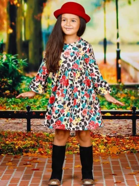 Girls Floral Long Ruffled Sleeve Dress