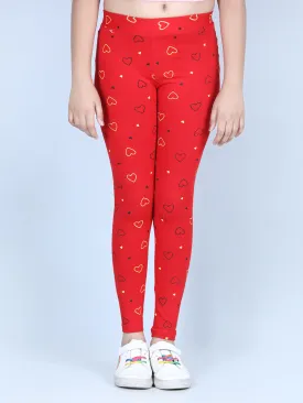 Girl's Heart Printed Leggings With Flat Waistband- Red - Stylestone Kid