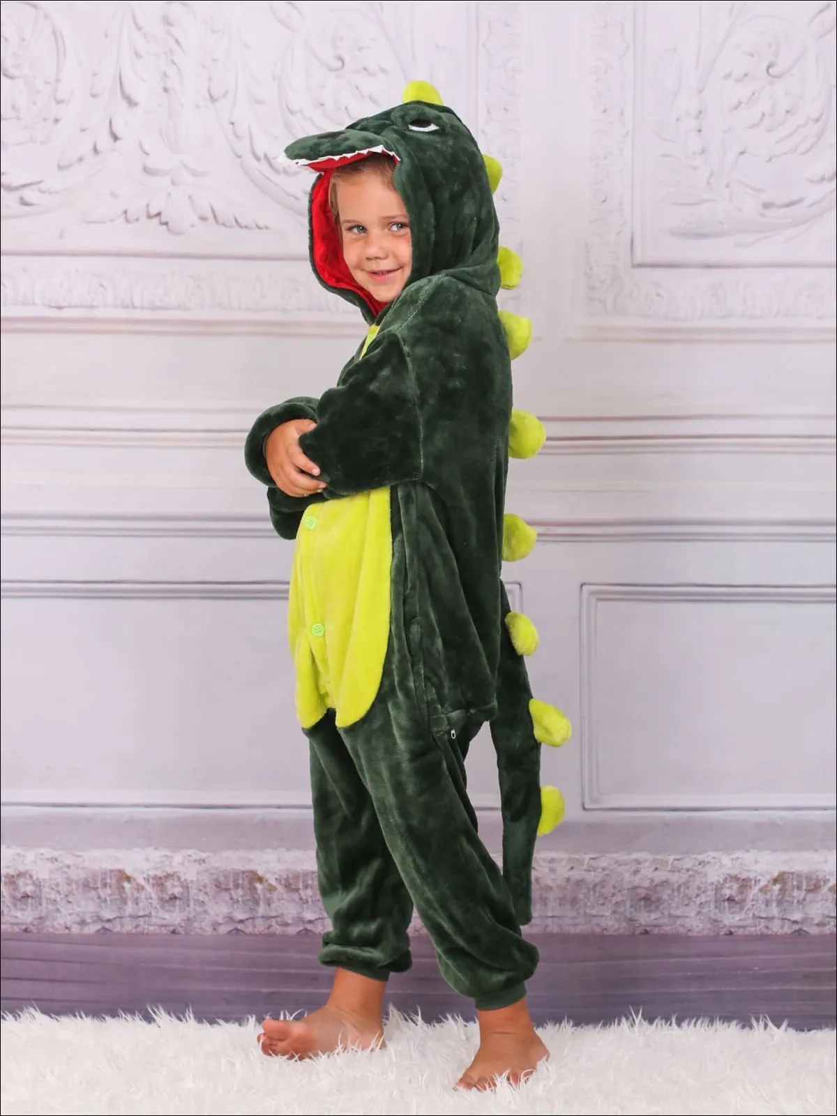 Girls Kids Green And Pink Hooded Dinosaur Onesie Pajamas