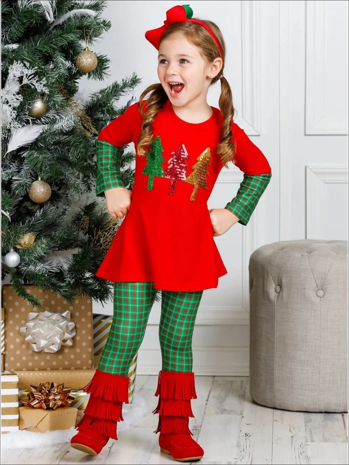 Girls Long Sleeve Tree Applique Cuffed Tunic And Matching Printed Legging Set