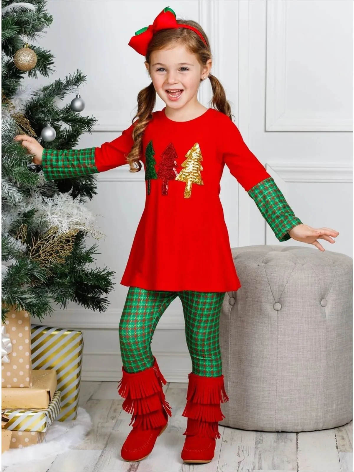 Girls Long Sleeve Tree Applique Cuffed Tunic And Matching Printed Legging Set