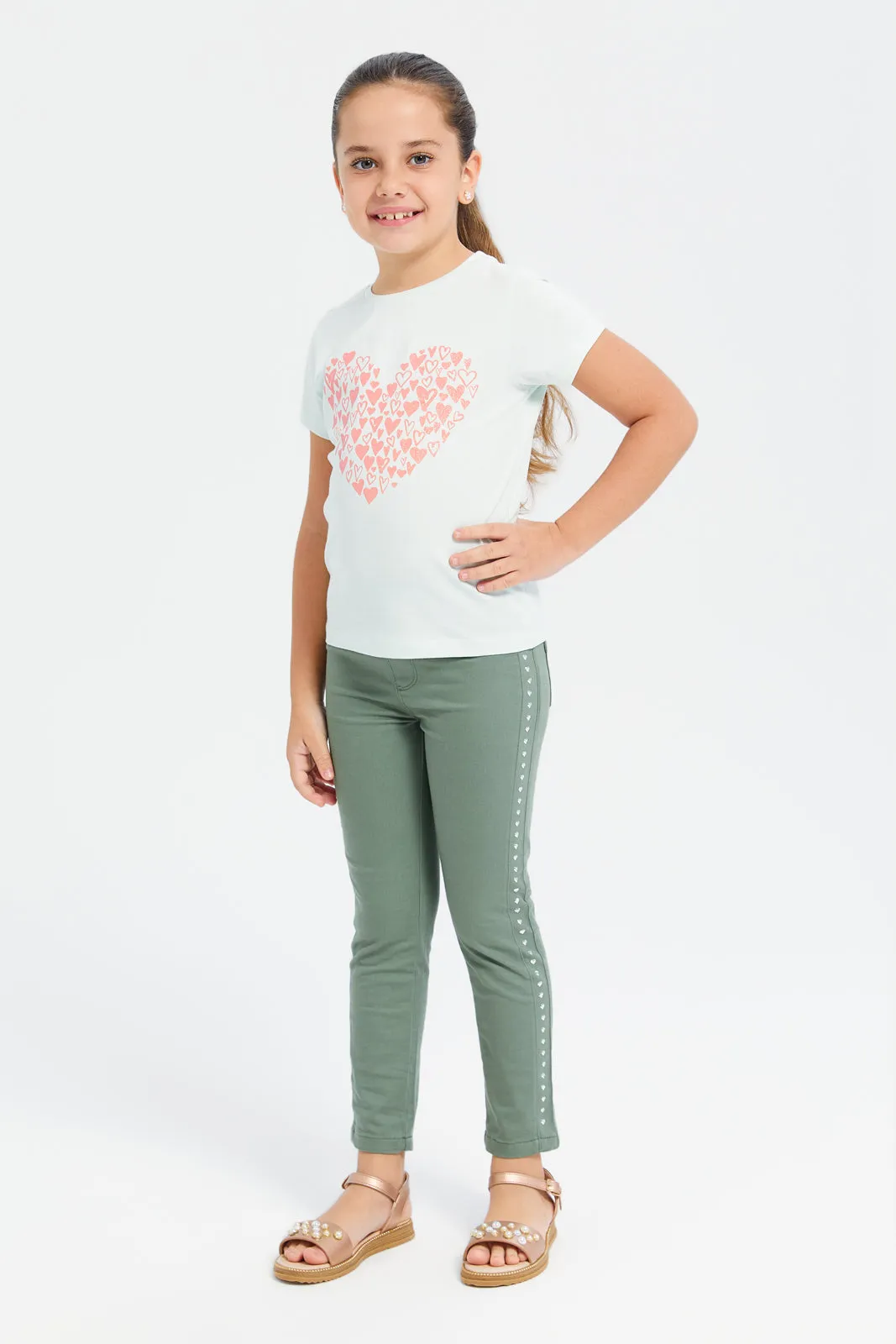 Girls Olive Embellished Jeggings