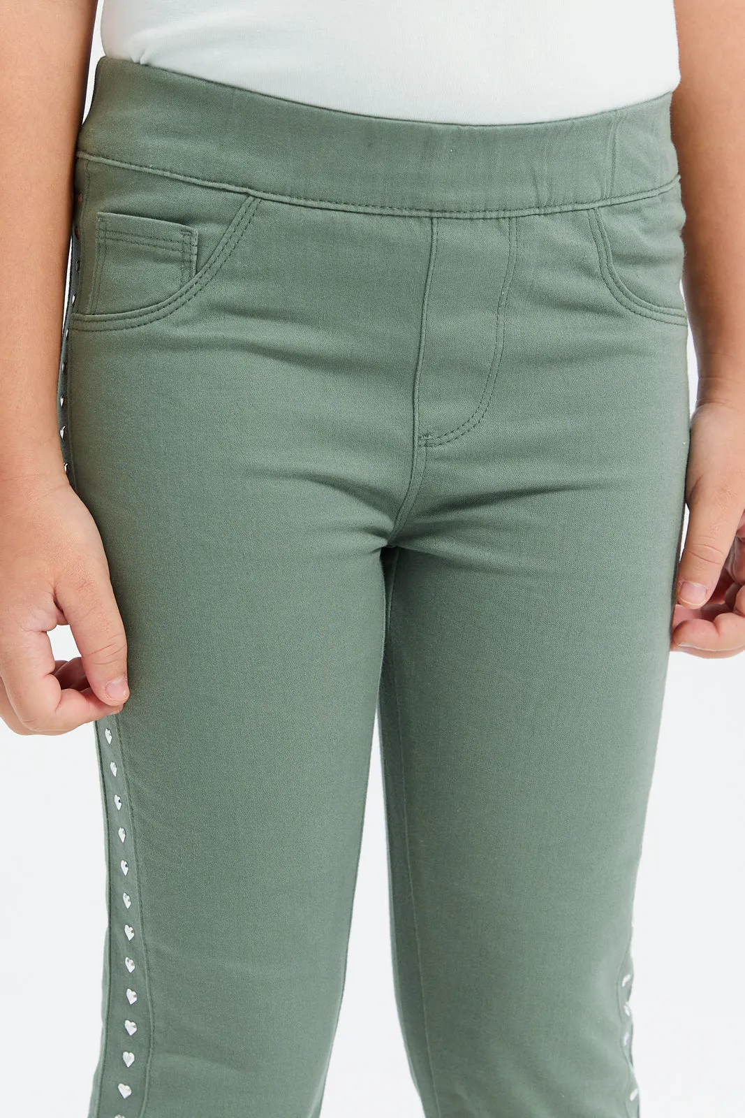 Girls Olive Embellished Jeggings