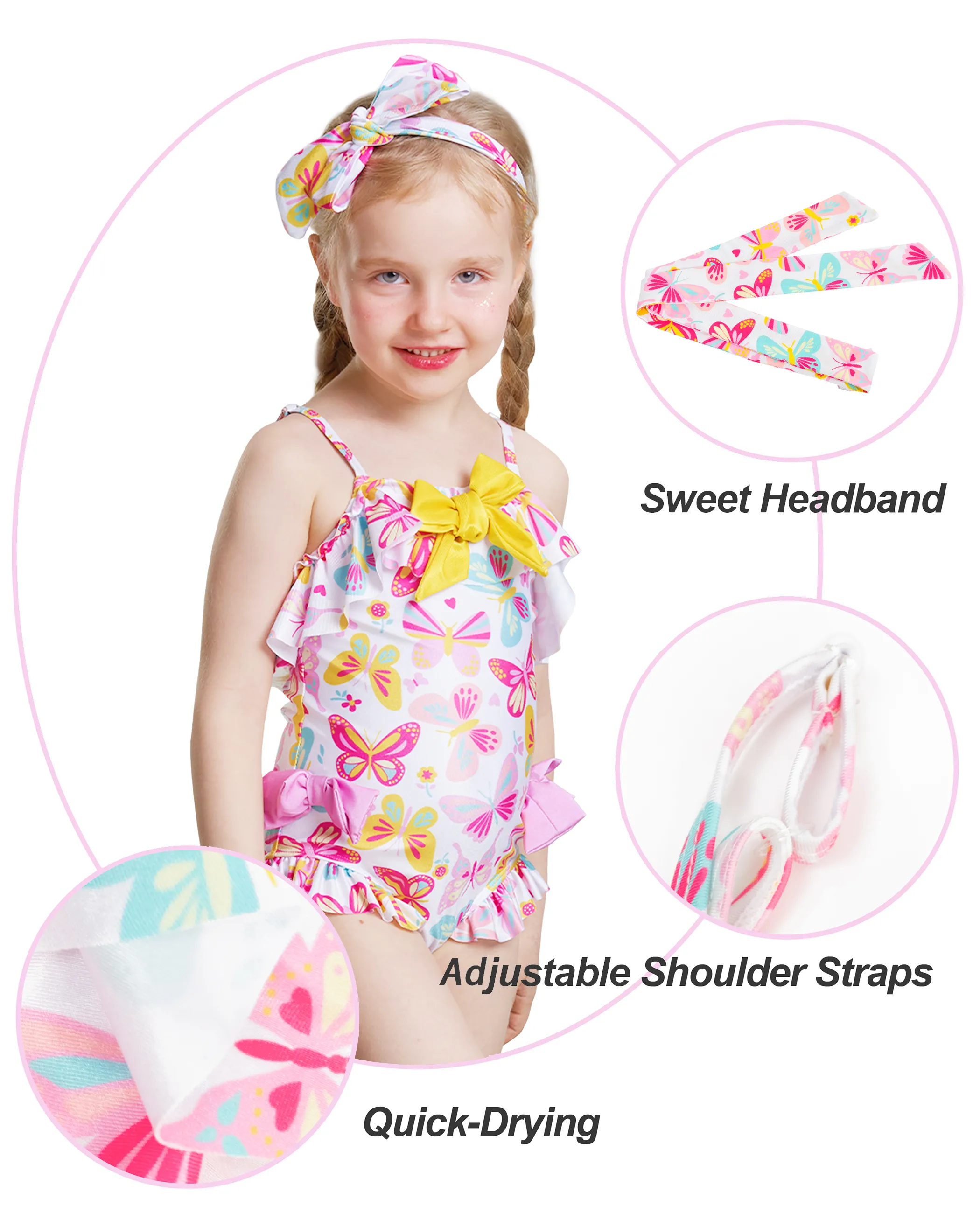 Girls One-Piece Colorful Butterfly Swimwear Headband Set