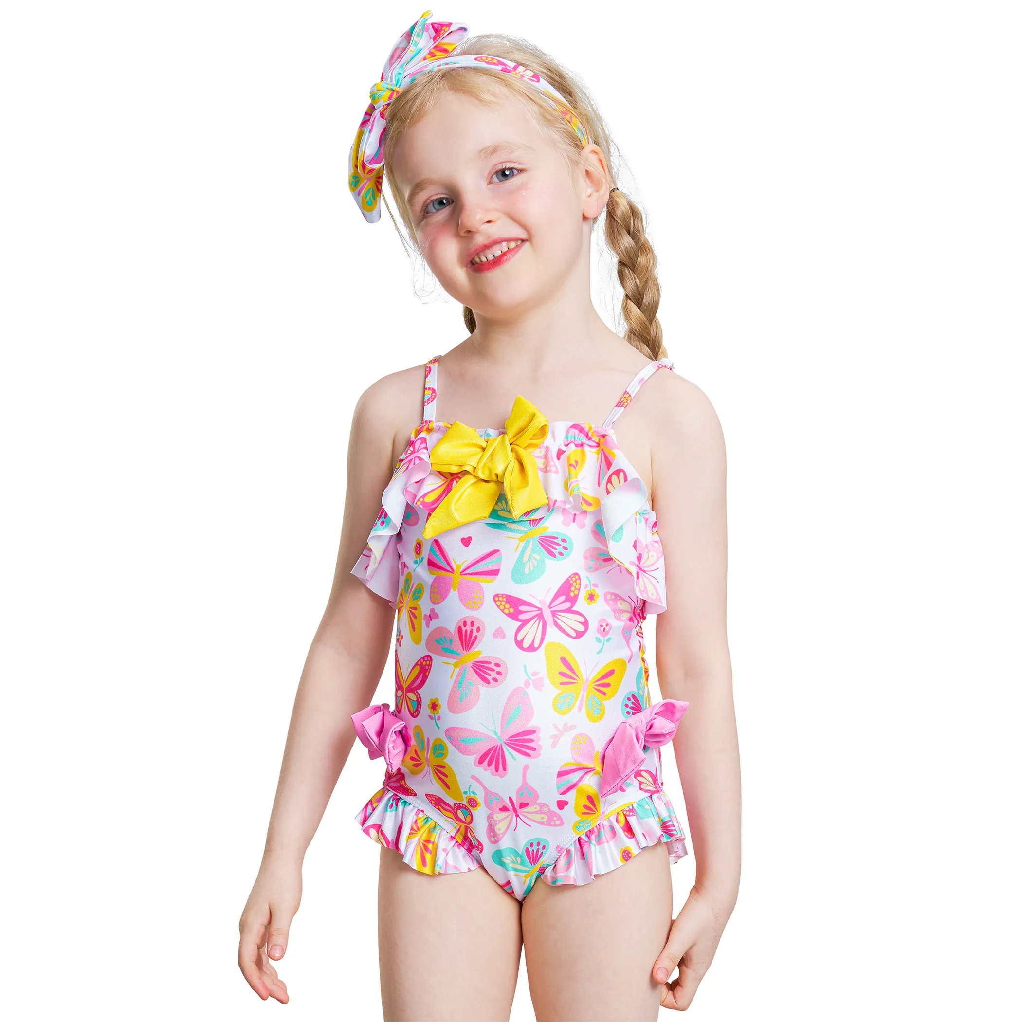 Girls One-Piece Colorful Butterfly Swimwear Headband Set