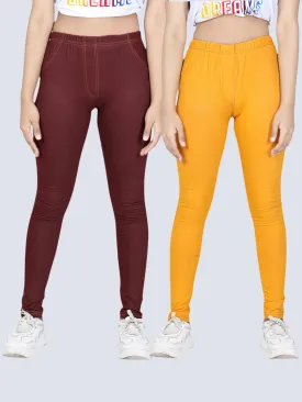 Girl's Pack Of 2 Cotton Jeggings-Brown & Mustard - Stylestone Kid