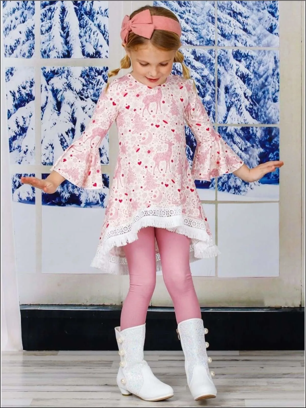 Girls Printed Hi-Lo Flared Long Sleeve Tunic And Matching Legging Set