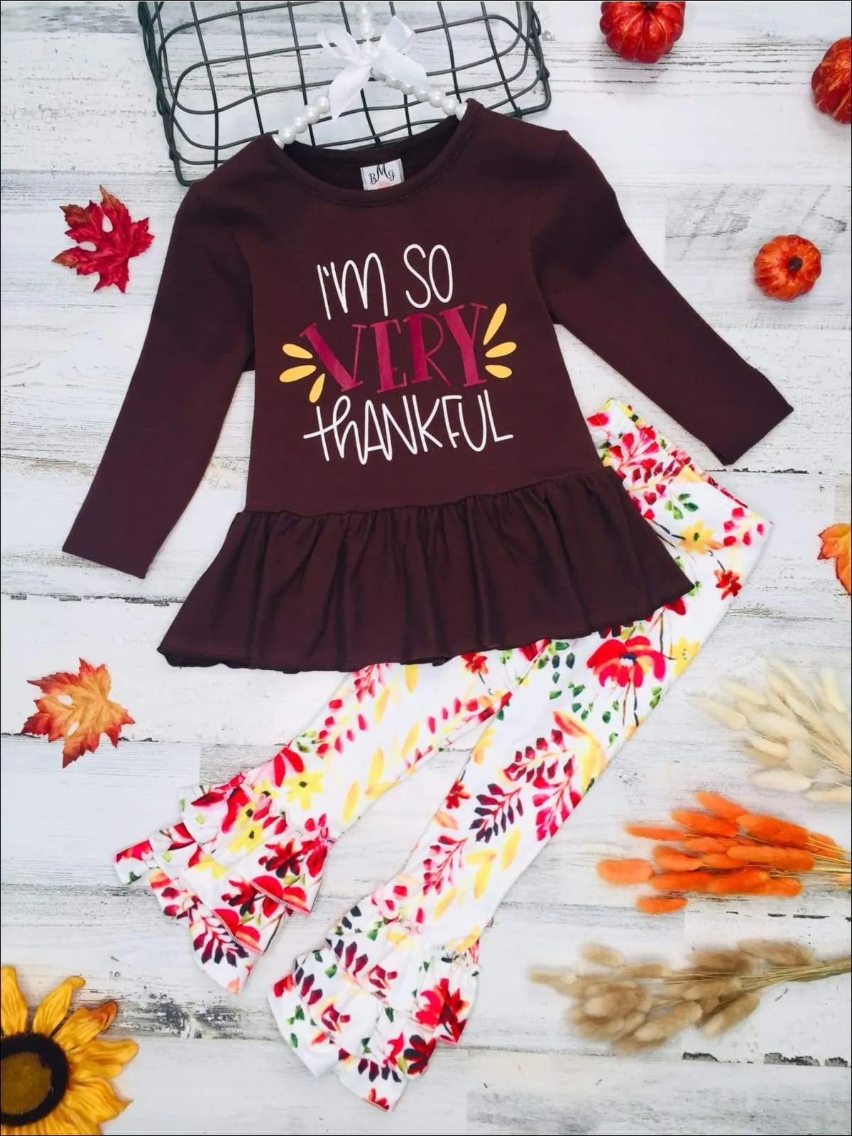 Girls "I'm So Very Thankful" Peplum Tunic & Tiered Ruffled Floral Leggings Set