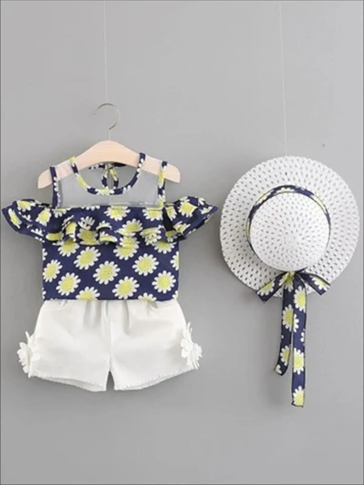 Girls Spring Floral Print Tunic And White Short Set with Matching Hat