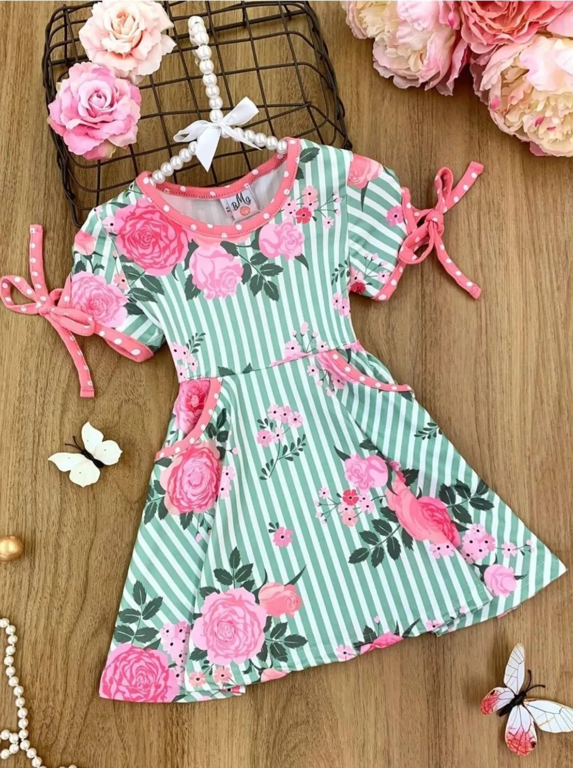 Girls Striped Floral Pocket Sleeve Tie Dress