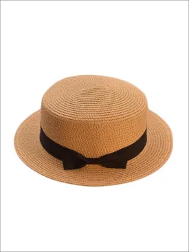 Girls Woven Straw Fedora Hat with Bow Tie (Multiple Color Options)