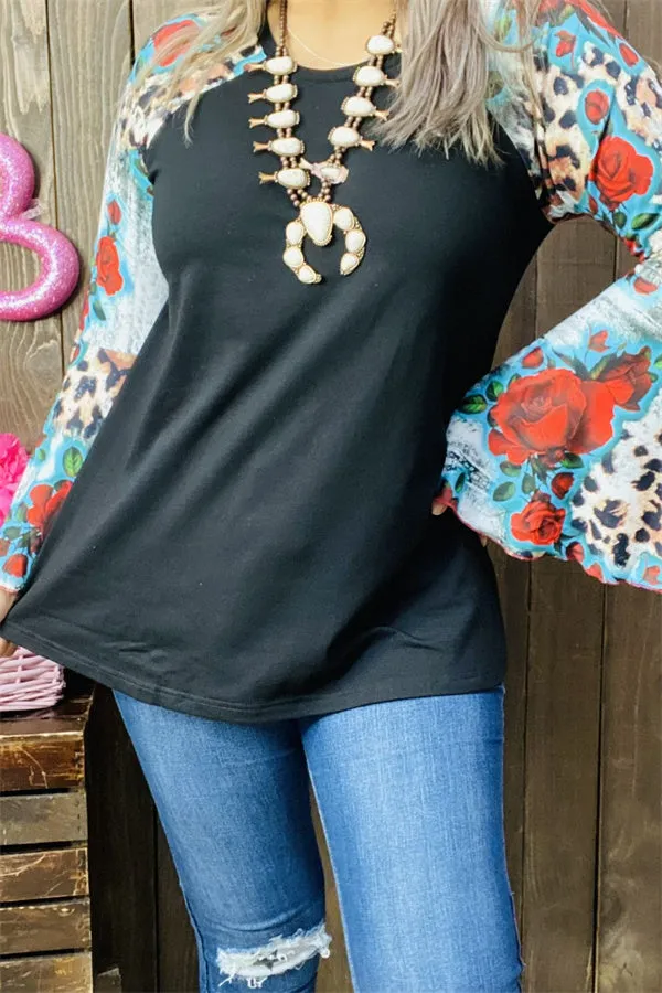 GJQ15193 Floral&Leopard multi color printed  raglan long bell sleeve women black tops (HS1)