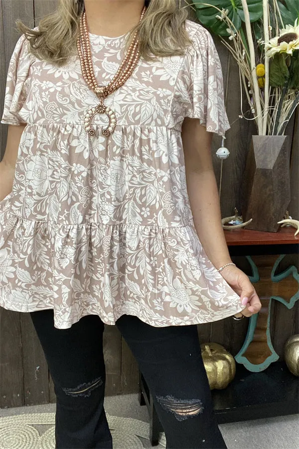 GJQ15595-1 Khaki color floral printed w/bell short sleeve baby doll women tops