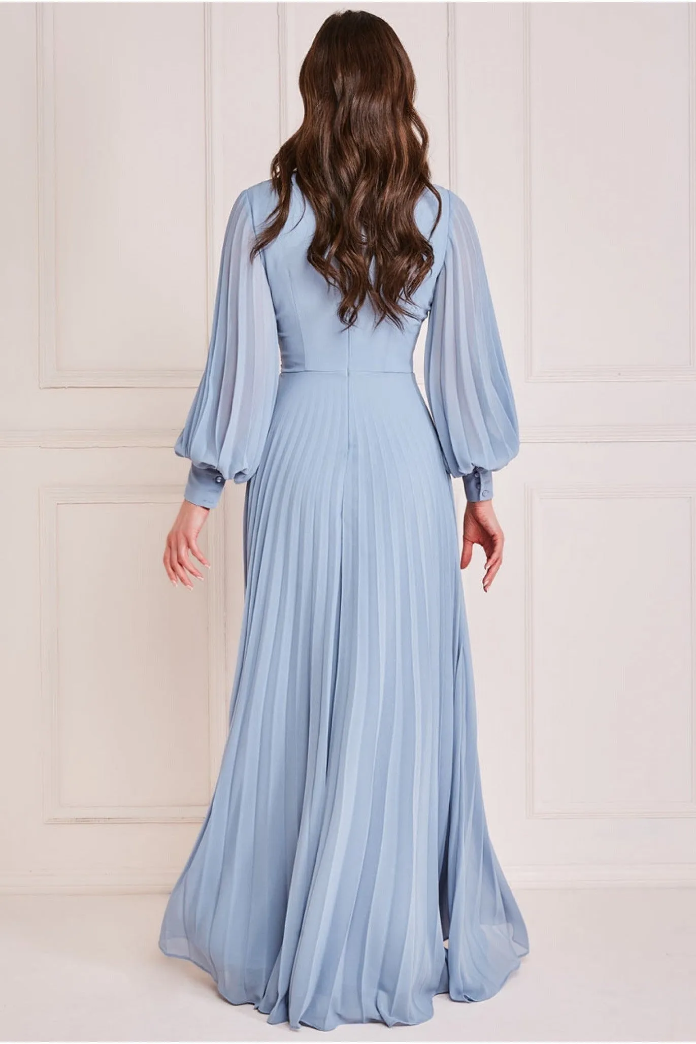 Goddiva Fully Pleated Chiffon Maxi Dress - Blue