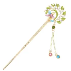 Gold Finish Colored Flower Wreath Hair Stick with Rhinestones and Tassels