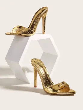 Gold Metallic Crocodile Heeled Mule Sandals