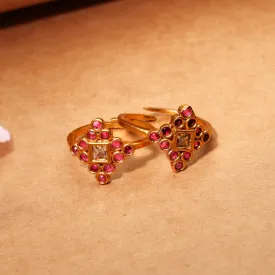 Gold Plated Beautifully Made Red And White Stones Toe Rings For Women - Free Size