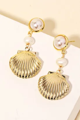 Gold Shell & Pearl Drop Earrings