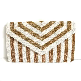 Gold White Striped Beaded Clutch Purse