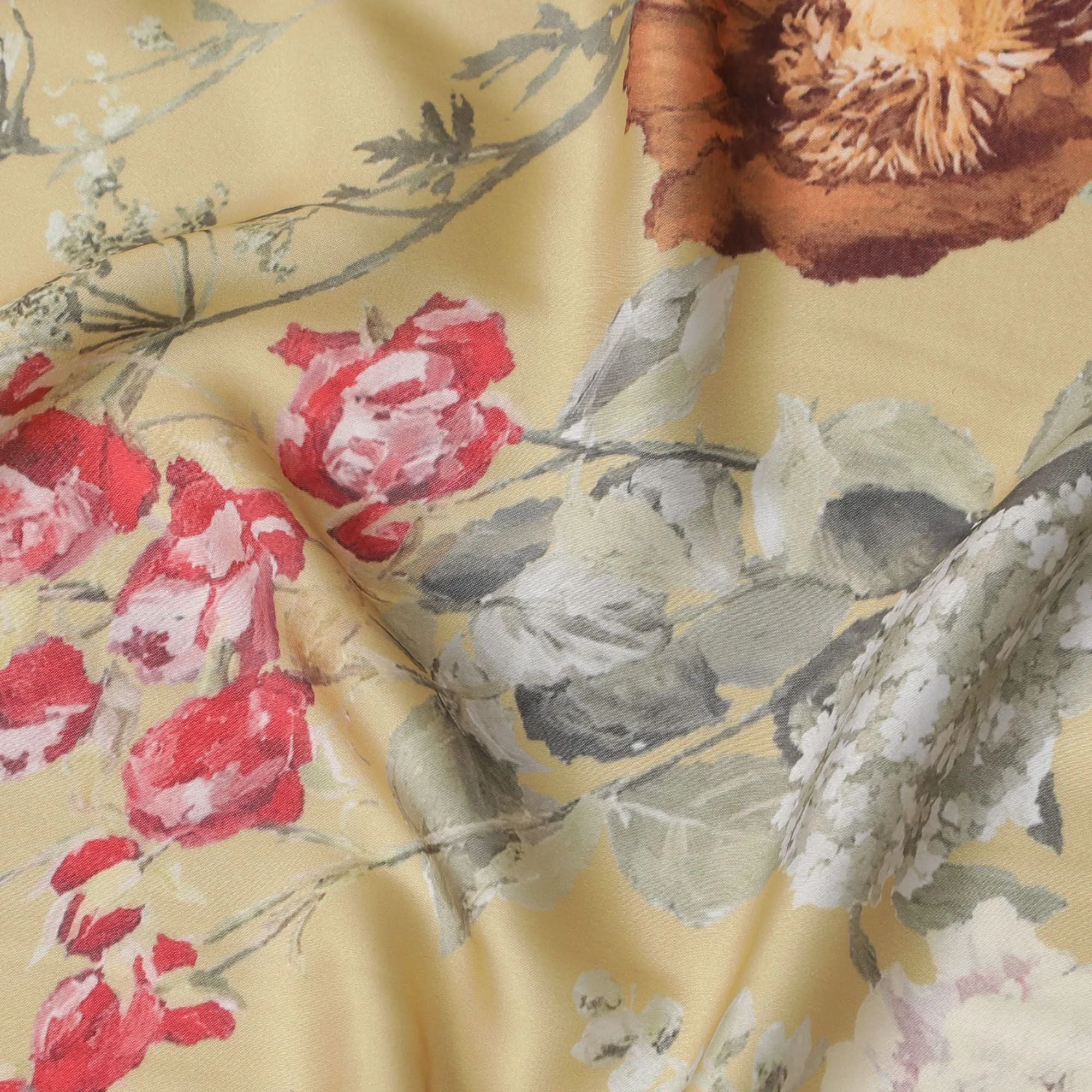 Golden Amber Floral Synthetic Modal Satin Fabric - Vibrant Blossom Print, 110cm - Buy Online-D17979