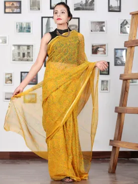 Golden Yellow Green Hand Block Printed Chiffon Saree with Zari Border (Without Blouse) - S031702748