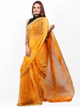 Golden Yellow  Hand Block Printed Chiffon Saree with Zari Border - S031703421