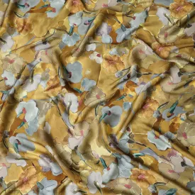 Golden Yellow Synthetic Modal Satin Fabric with Large Floral Print, 110 cm Width-D20952