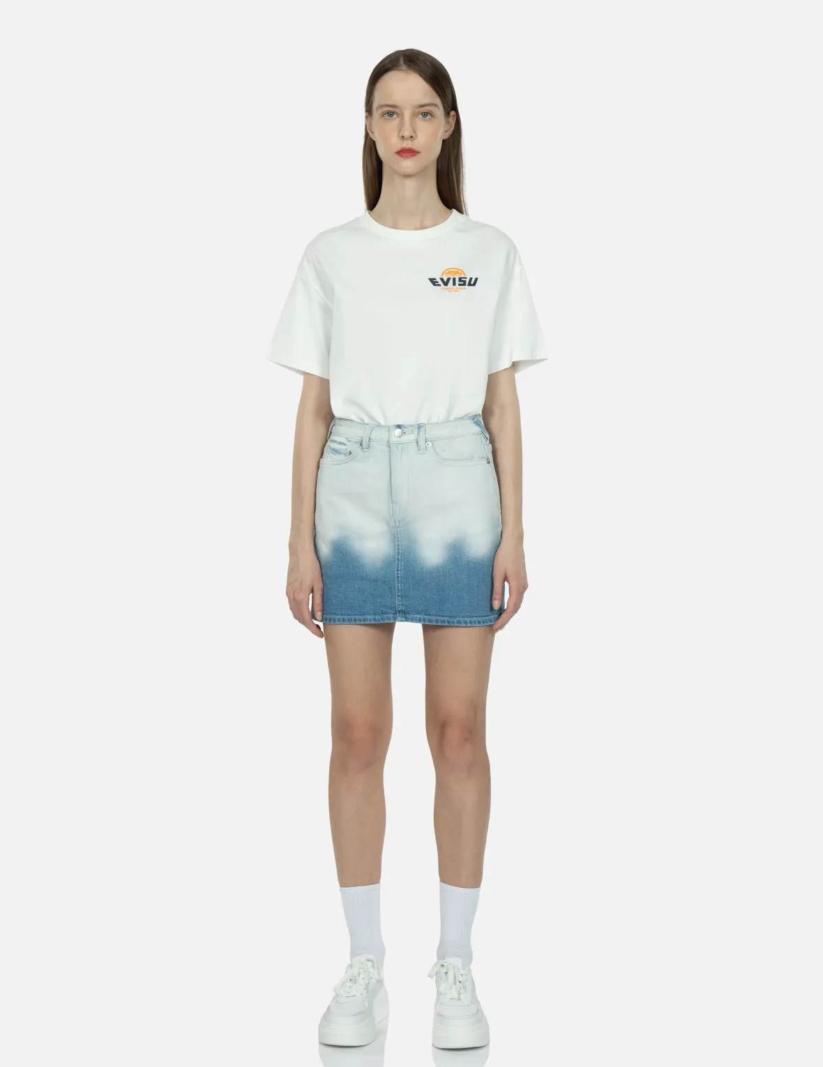 Graffiti Logo and Seagull Print Bleached Denim Skirt