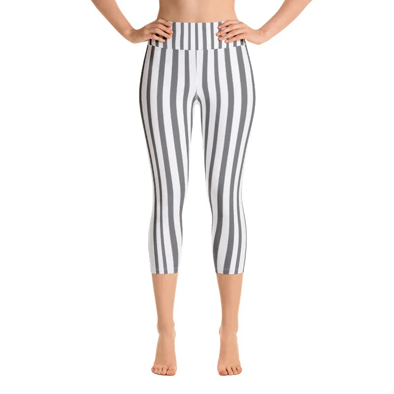 Gray & White Vertical Striped Leggings, Women's Yoga Capri Leggings Pants- Made in USA/ EU