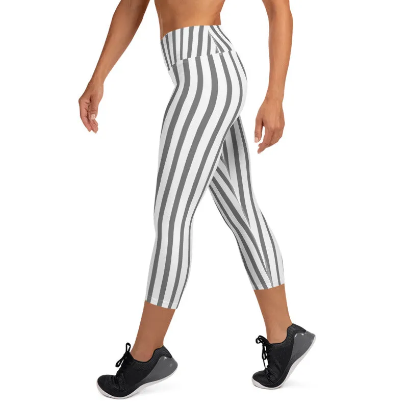 Gray & White Vertical Striped Leggings, Women's Yoga Capri Leggings Pants- Made in USA/ EU