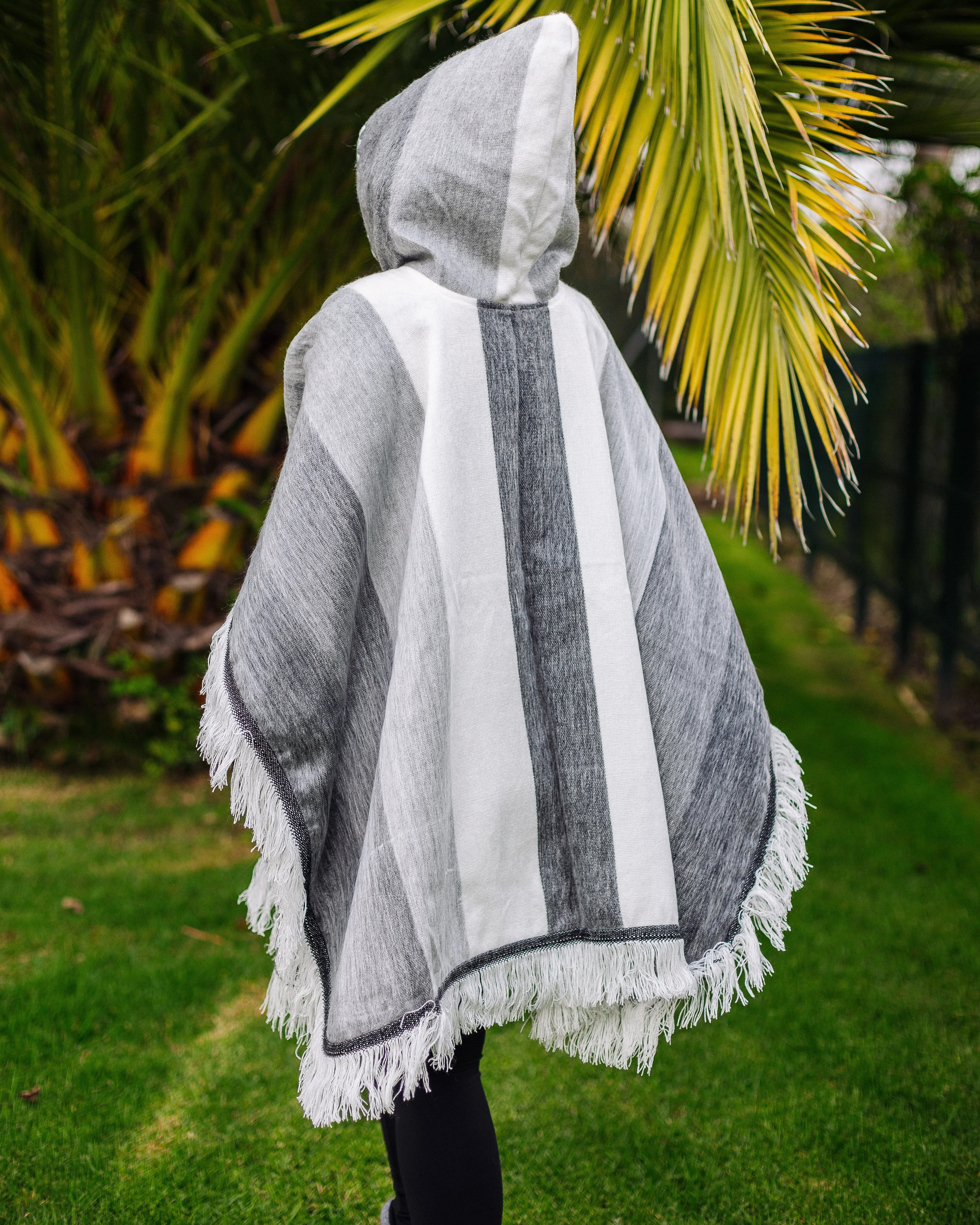 Gray Ash and White Alpaca Poncho With Hood