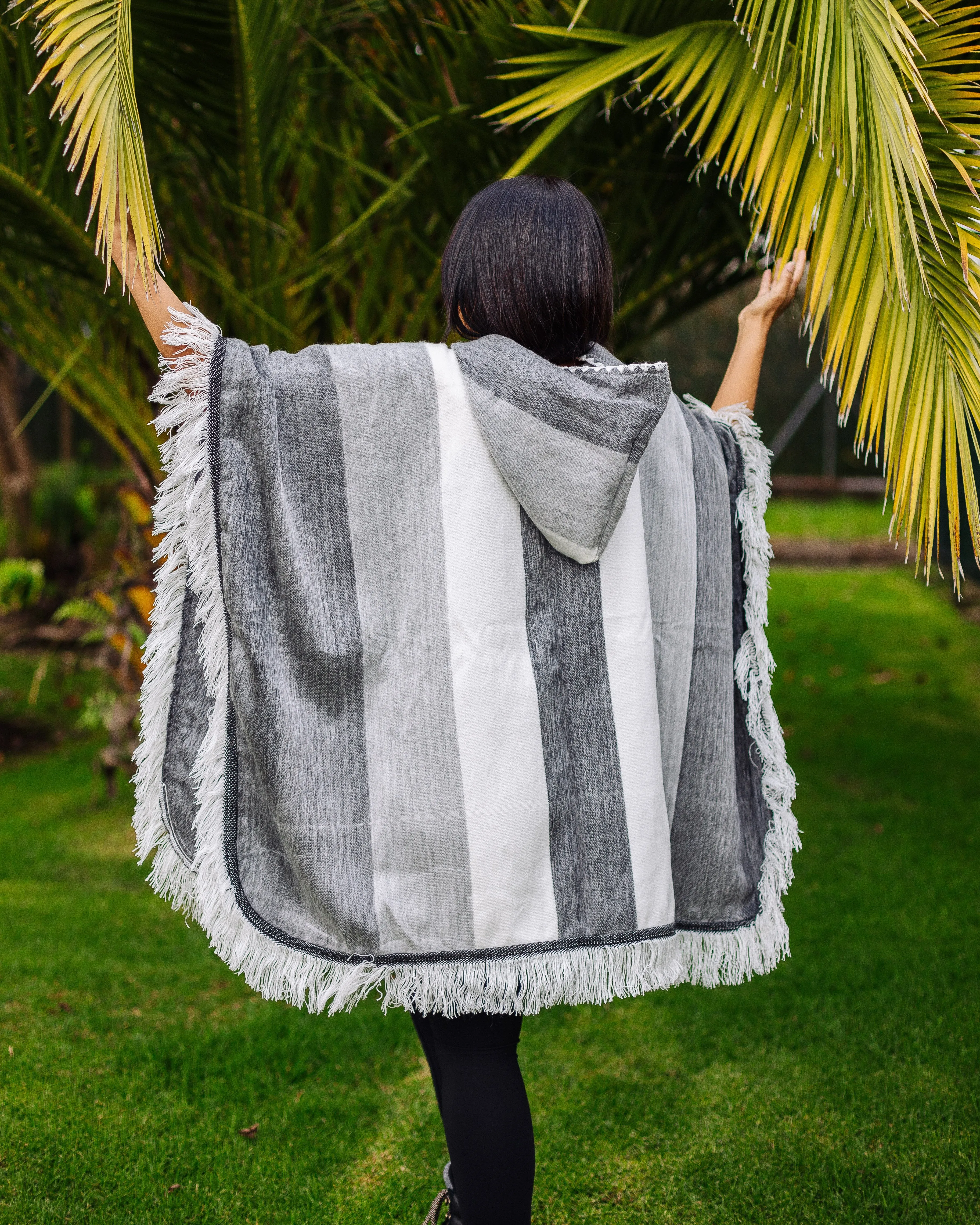 Gray Ash and White Alpaca Poncho With Hood