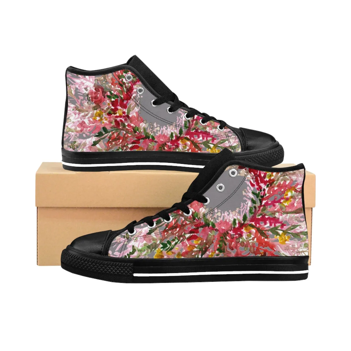 Gray Red Fall Floral Men's High Tops, Men's High-top Sneakers Tennis Running Fashion Shoes