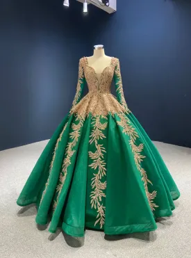 Green Ball Gown Tulle Gold Sequins Appliques V-neck Prom Dress