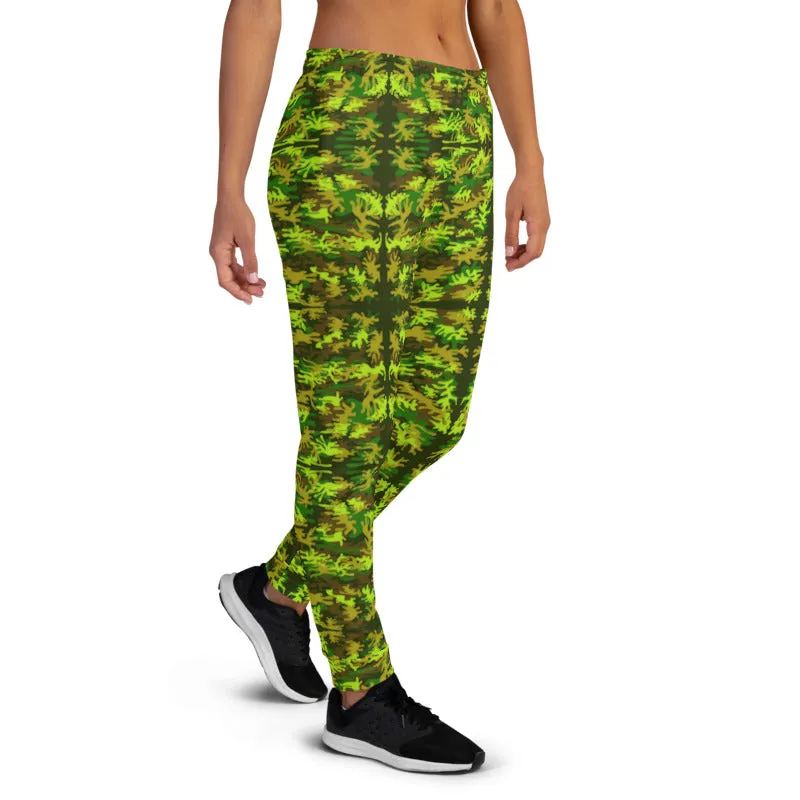 Green Brown Camo Women's Joggers, Military Army Print Best Slim Fit Ladies' Sweatpants-Made in EU/MX