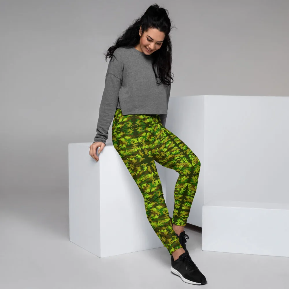 Green Brown Camo Women's Joggers, Military Army Print Best Slim Fit Ladies' Sweatpants-Made in EU/MX