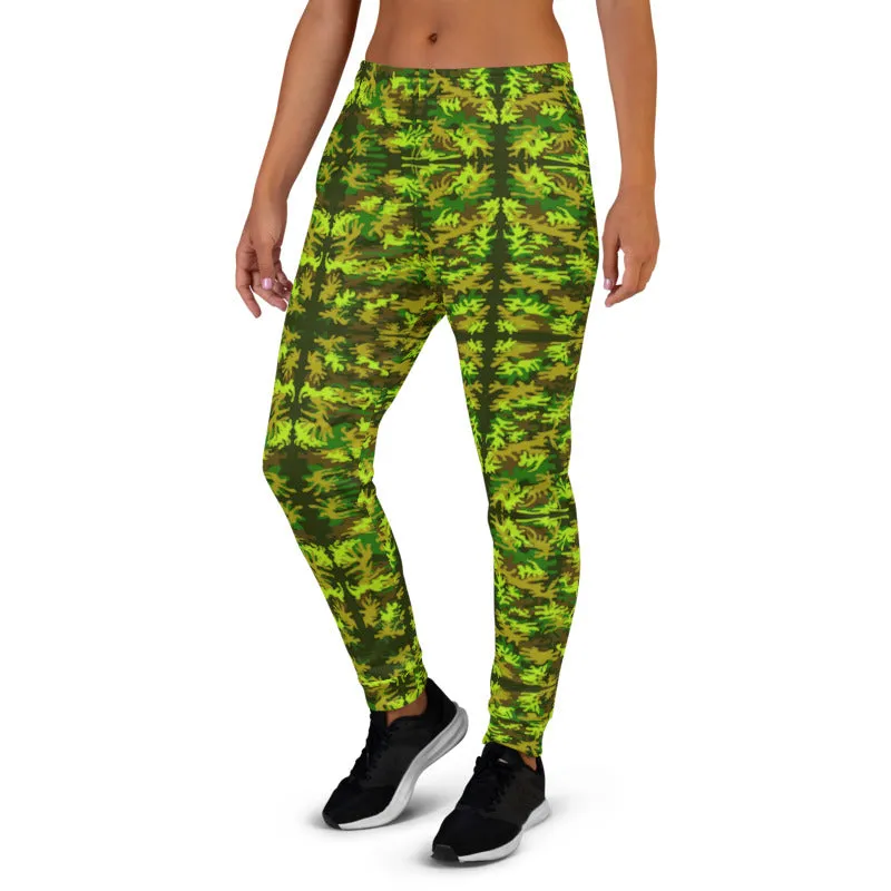 Green Brown Camo Women's Joggers, Military Army Print Best Slim Fit Ladies' Sweatpants-Made in EU/MX