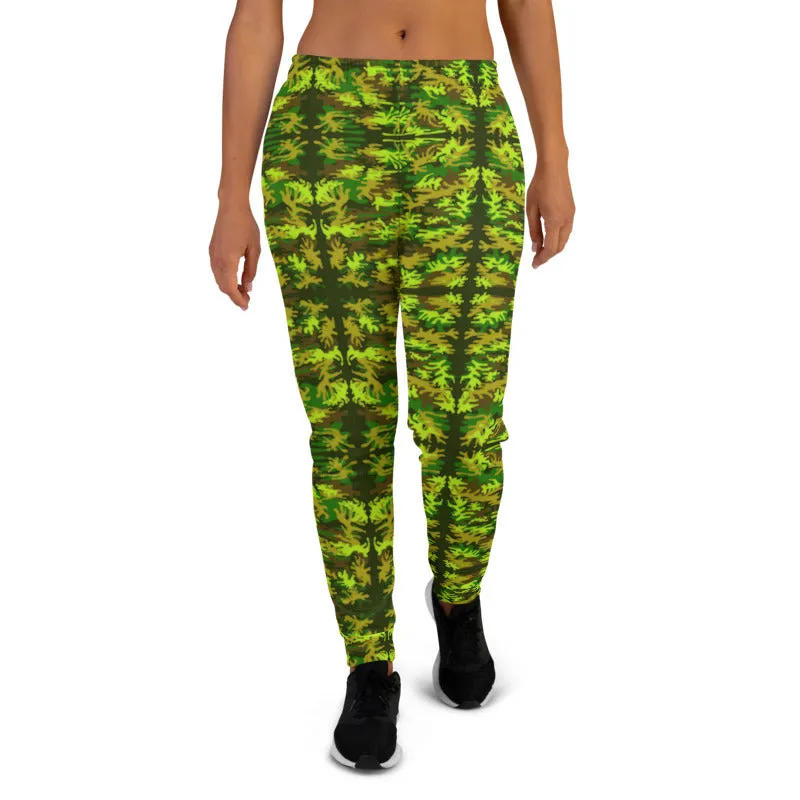 Green Brown Camo Women's Joggers, Military Army Print Best Slim Fit Ladies' Sweatpants-Made in EU/MX