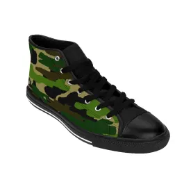 Green Camo Men's High-top Sneakers, Camouflage Military Print Men's Designer Tennis Running Shoes