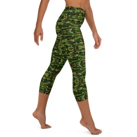 Green Camo Yoga Capri Leggings, Military Camouflage Print Women's Capris Tights-Made in USA/EU