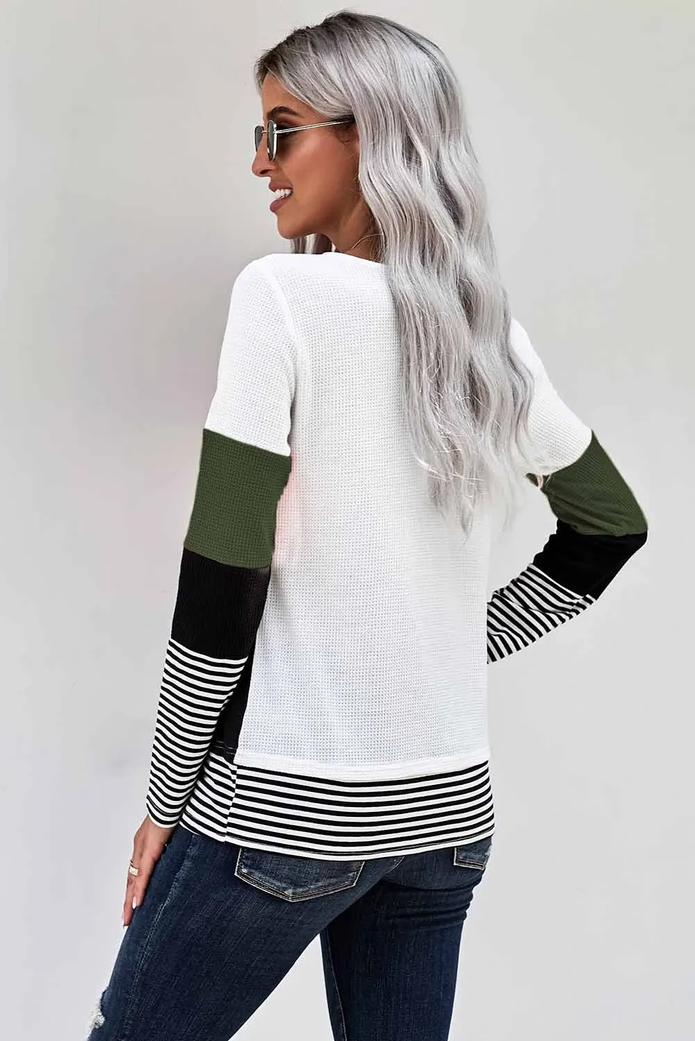 Green Stylish Colorblock Splicing Stripes Top